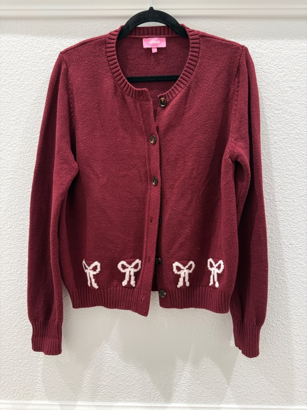 Edikted Burgundy Cardigan Sweater with Cream Bow Trim